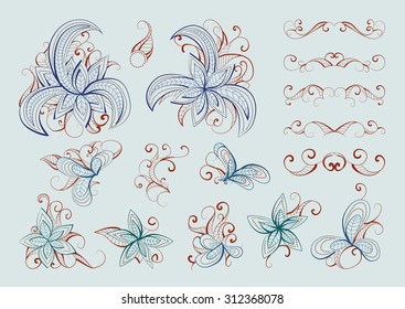 Set of vector floral elements and objects for design. Collection of elements in light blue and brown colors.