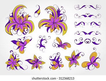 Set of vector floral elements and objects for design. Collection of elements in violet, purple and yellow  colors.