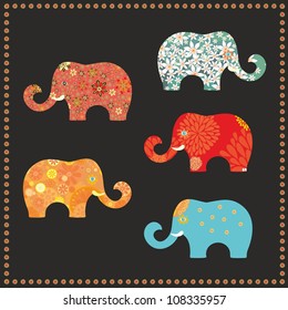 Set of vector floral  elephants on black background
