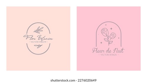 Set of vector floral emblems.Elegant  logo designs with linear branches,flowers.Modern botanical badges in trendy minimal style.Branding design templates.Letters with Fleur de Nuit means night flower