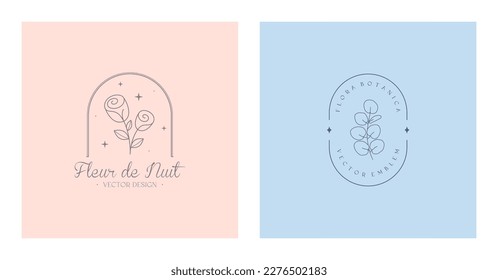 Set of vector floral emblems.Elegant  logo designs with linear branches,flowers.Modern botanical badges in trendy minimal style.Branding design templates.Letters with Fleur de Nuit means night flower