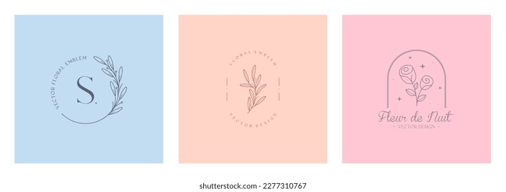 Set of vector floral emblems.Elegant  logo designs with linear branches,flowers.Modern botanical badges in trendy minimal style.Branding design templates.Letters with Fleur de Nuit means night flower