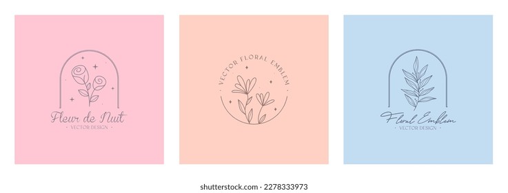 Set of vector floral emblems.Elegant  logo designs with linear branches,flowers.Modern botanical badges in trendy minimal style.Branding design templates.Letters with Fleur de Nuit means night flower