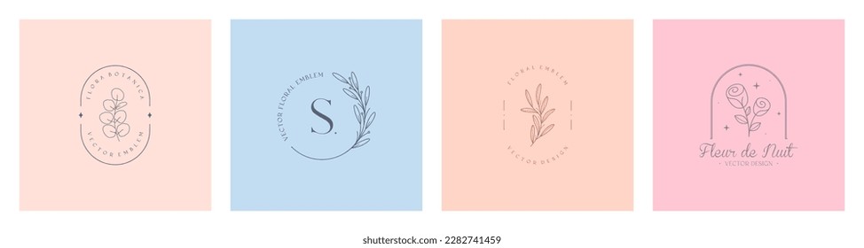 Set of vector floral emblems.Elegant  logo designs with linear branches,flowers.Modern botanical badges in trendy minimal style.Branding design templates.Letters with Fleur de Nuit means night flower