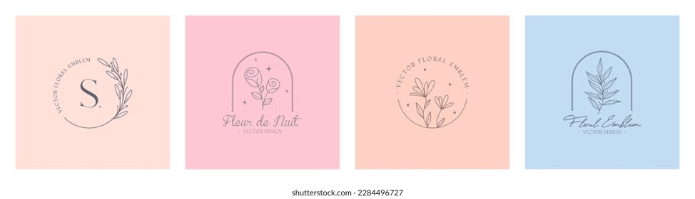 Set of vector floral emblems.Elegant  logo designs with linear branches,flowers.Modern botanical badges in trendy minimal style.Branding design templates.Letters with Fleur de Nuit means night flower