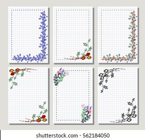 Set of vector floral frame, card, border. Greeting cards. Different template with colorful hand drawn flowers and leaves. Graphic illustration. Vector design. Series of Cards, Blanks and Forms
