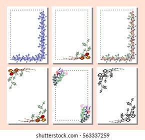 Set of vector floral frame, card, border. Greeting cards. Different template with colorful hand drawn flowers and leaves. Graphic illustration. Vector design. Series of Cards, Blanks and Forms