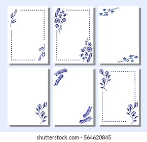 Set of vector floral frame, card, border. Greeting cards. Different template with colorful hand drawn flowers and leaves. Graphic illustration. Vector design. Series of Cards, Blanks and Forms
