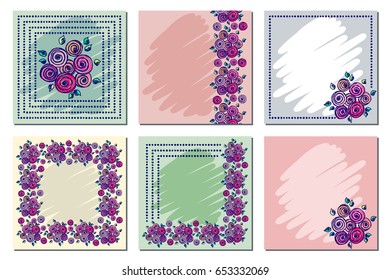 Set of vector floral frame, card, border. Greeting cards. Different template with colorful hand drawn flowers and leaves. Graphic illustration. Vector design. Series of Cards, Blanks and Forms.