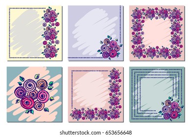 Set of vector floral frame, card, border. Greeting cards. Different template with colorful hand drawn flowers and leaves. Graphic illustration. Vector design. Series of Cards, Blanks and Forms.