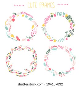 Set of vector floral frames. Cute collection of wreaths made of hand drawn leaves and flowers. Vintage set for invitations. save the date cards and other design. 
