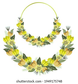 Set of Vector floral frames design, cute flowers with golden circle frame.