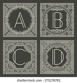 Set of vector floral and geometric monogram logos with capital letter on dark gray background. Monogram design element. Vintage styled initial decoration. 