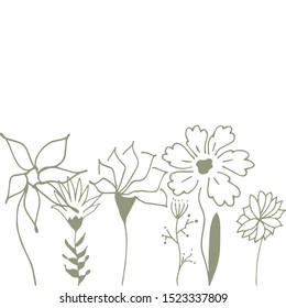 Set of vector floral greeting card with blooming garden flowers, botanical natural Illustration on white  background in hand drawn doodle style.