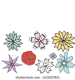Set of vector floral greeting card with blooming garden flowers, botanical natural Illustration on white  background in hand drawn doodle style.