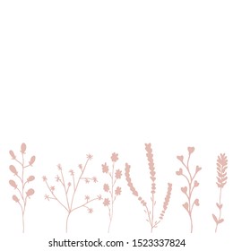 Set of vector floral greeting card with blooming garden flowers, botanical natural Illustration on white  background in hand drawn doodle style.