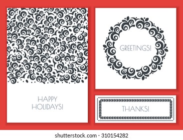 Set of vector floral greeting card templates. Vintage decorative seamless background and frame. Black, white illustration. Concept for flyer, wedding invitation, banner design.