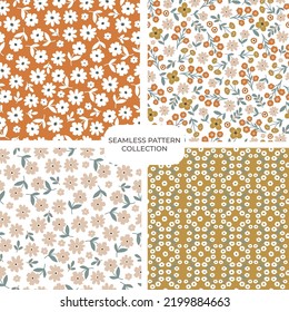 Set Of Vector Floral Hand Drawn Seamless Patterns. Cohesive Collection Of Repeating Backgrounds, Digital Papers For Fabric, Textile, Scrapbook, Wallpaper Design