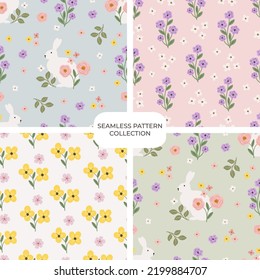 Set Of Vector Floral Hand Drawn Seamless Patterns. Cohesive Collection Of Repeating Backgrounds, Digital Papers For Fabric, Textile, Scrapbook, Wallpaper Design