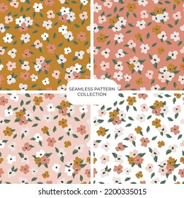 Set of vector floral hand drawn seamless patterns. Cohesive collection of repeating backgrounds, digital papers for fabric, textile, scrapbook, wallpaper design