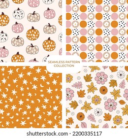 Set of vector floral hand drawn seamless patterns. Cohesive collection of repeating backgrounds, digital papers for fabric, textile, scrapbook, wallpaper design