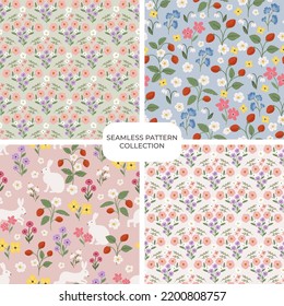 Set of vector floral hand drawn seamless patterns. Cohesive collection of repeating backgrounds, digital papers for fabric, textile, scrapbook, wallpaper design