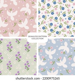 Set of vector floral hand drawn seamless patterns. Cohesive collection of repeating backgrounds, digital papers for fabric, textile, scrapbook, wallpaper design