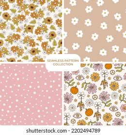 Set of vector floral hand drawn seamless patterns. Cohesive collection of repeating backgrounds, digital papers for fabric, textile, scrapbook, wallpaper design