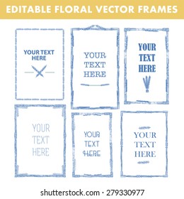 Set of vector floral hand drawn frames. Collection of editable squared frames on white background. Good for book illustration, card design and menu cover.