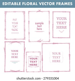Set of vector floral hand drawn frames. Collection of editable squared frames on white background. Good for book illustration, card design and menu cover.