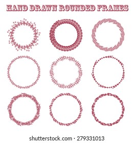 Set of vector floral hand drawn frames. Collection of editable rounded frames on white background. Good for book illustration, card design and menu cover.