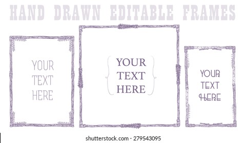 Set of vector floral hand drawn frames. Collection of editable squared frames on white background. Good for book illustration, card design and menu cover.