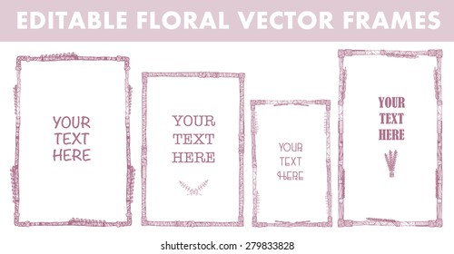 Set of vector floral hand drawn frames. Collection of editable squared frames on white background. Good for book illustration, card design and menu cover.