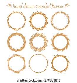 Set of vector floral hand drawn frames. Collection of editable rounded frames on white background. Good for book illustration, card design and menu cover.