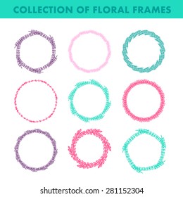 Set of vector floral hand drawn frames. Collection of editable rounded frames on white background. Good for book illustration, card design and menu cover.