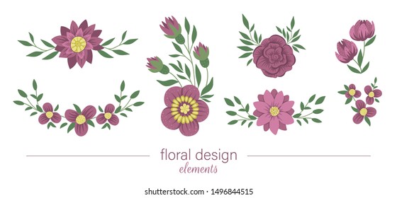 Set of vector floral horizontal and vertical decorative elements. Flat trendy illustration with flowers, leaves, branches. Meadow, woodland, forest clip art collection. Beautiful spring bouquet