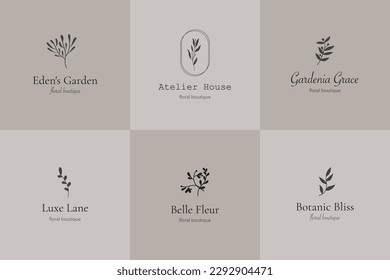 Conjunto de logotipo vectorial floral. Conjunto estético de logotipo femenino mínimo. Diseño de logotipo botánico prefabricado para fotógrafos, boutique floral, industria de la belleza.