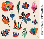 Set of vector floral obgects in modern abstract style. Flowers, leaves, cut papar elements and hand drawn texture.