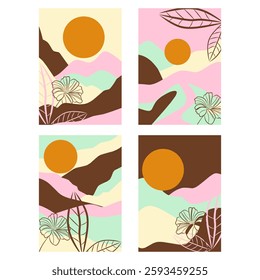 Set of vector floral obgects in modern abstract style. Flowers, leaves, cut papar elements and hand drawn texture