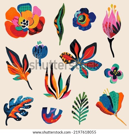 Set of vector floral obgects in modern abstract style. Flowers, leaves, cut papar elements and hand drawn texture.