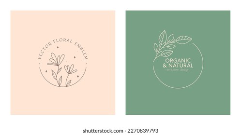 Set of vector floral organic emblems.Natural logo designs with linear flowers,branch and frame.Modern eco or bio badges in trendy minimalist style.Branding boho design templates.