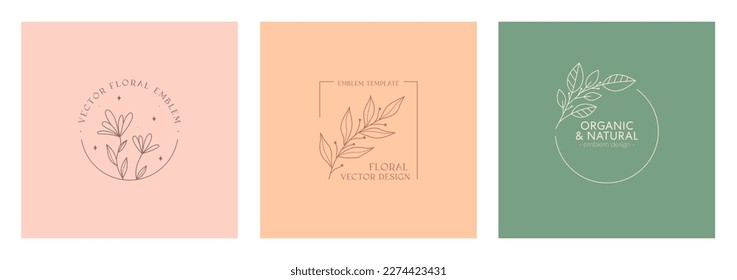 Set of vector floral organic emblems.Natural logo designs with linear branches and frame.Modern eco or bio badges in trendy minimalist style.Branding boho design templates.