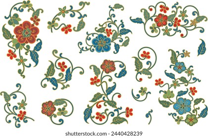 A set of vector floral ornamental designs in traditional Chinese style. Spring and summer decoration concept.