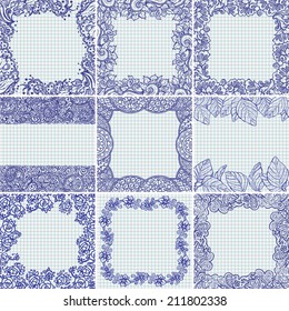 Set of vector floral ornamental frames and backgrounds on checked school paper drawn by ballpoint pen ink blue, back to school theme