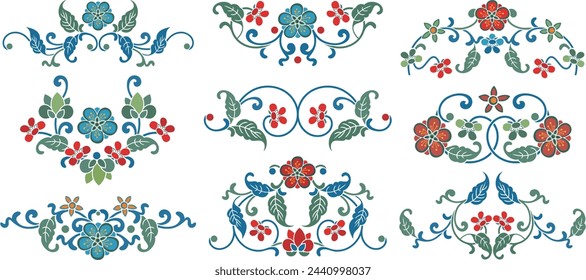 A set of vector floral ornamental symmetrical designs in traditional Chinese style. Spring and summer decoration concept. Extremely clean ready to cut vector graphics.