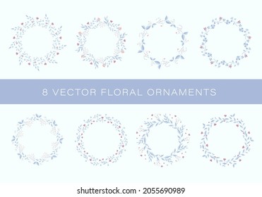 Set of vector floral ornaments for greeting cards, invitations, banners, posters, brochures. Vignette design with plants. Creative illustration with twigs, leaves, flowers. Circular bouquet template