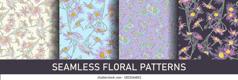 Set of vector floral patterns. Collection of flowers patterns. For design, fabric, textile, wrapping, cover, background etc. Botanical floral motif.