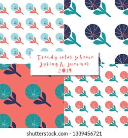 Set of Vector Floral Patterns with Twigs, Leaves and Small Flowers. Trend colors of 2019. Scandinavian design style.