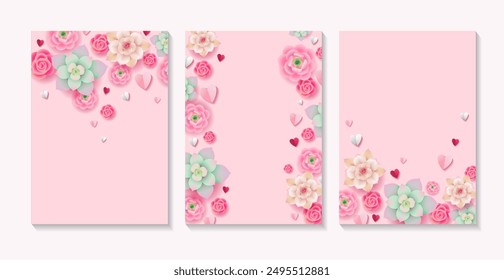 Conjunto de fondos de color rosa floral de Vector con espacio de copia para texto. Plantilla de Anuncio, póster o tarjeta de redes sociales con flores y corazones en flor