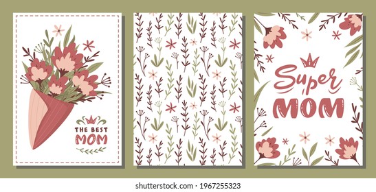 Set of vector floral postcards for Mother's day. Bouquet of flowers. Floral vector background. Super mom handwritten lettering with flowers and branches. For greeting cards, posters, invitations